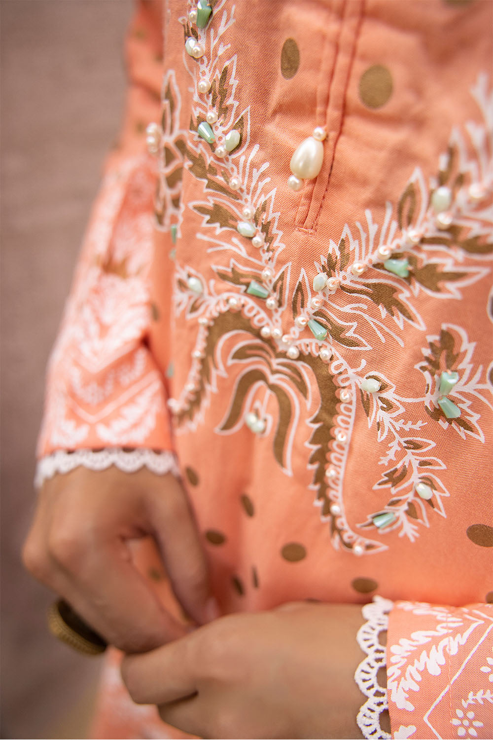 Peach Linen Screen Printed Suit For Women