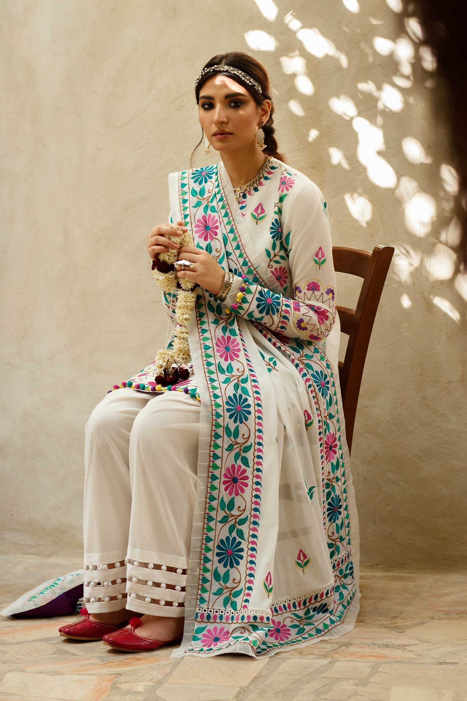 White Lawn Suzani Florals Embroidered Unstitched Suit/Dress For Women