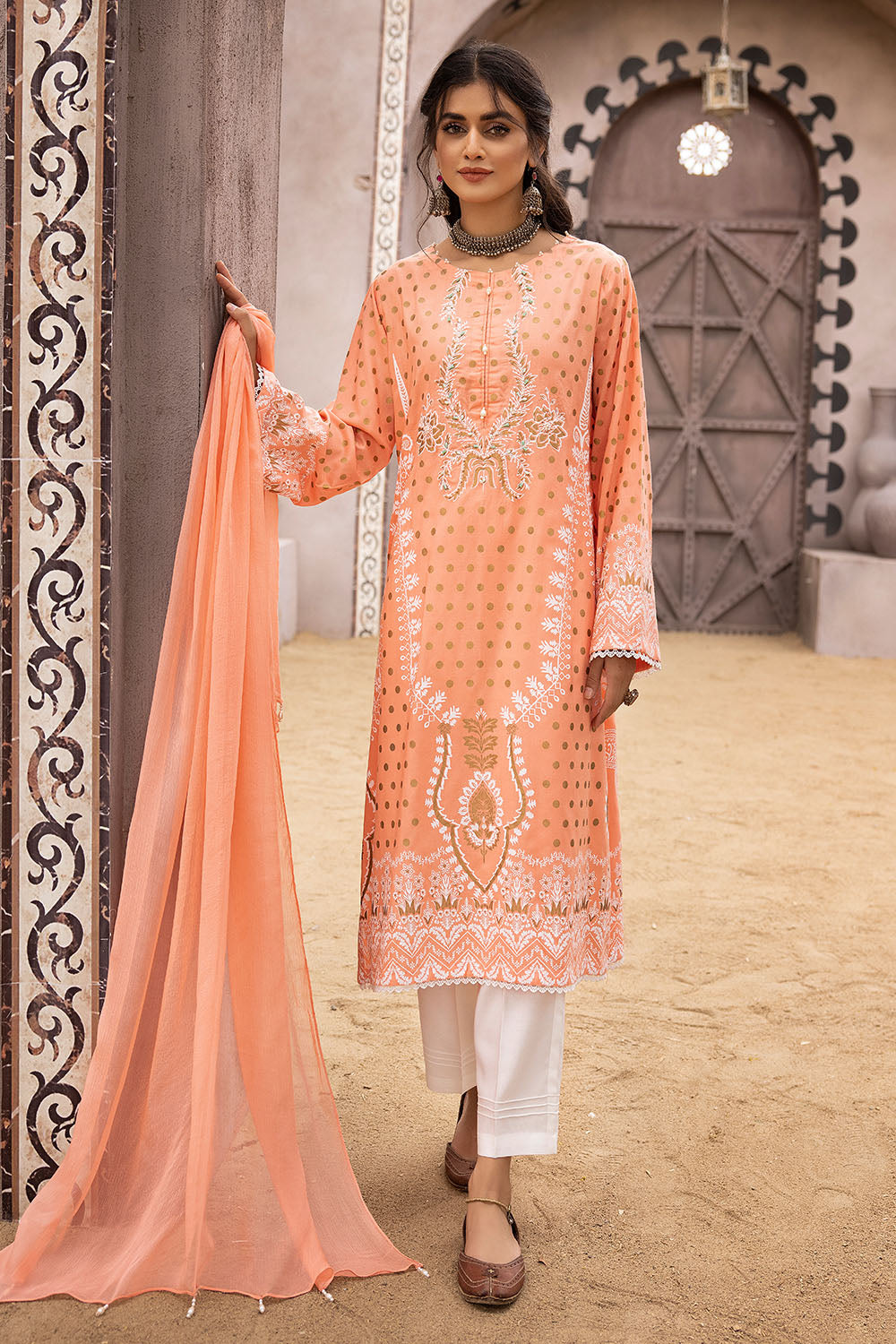 Peach Linen Screen Printed Suit For Women