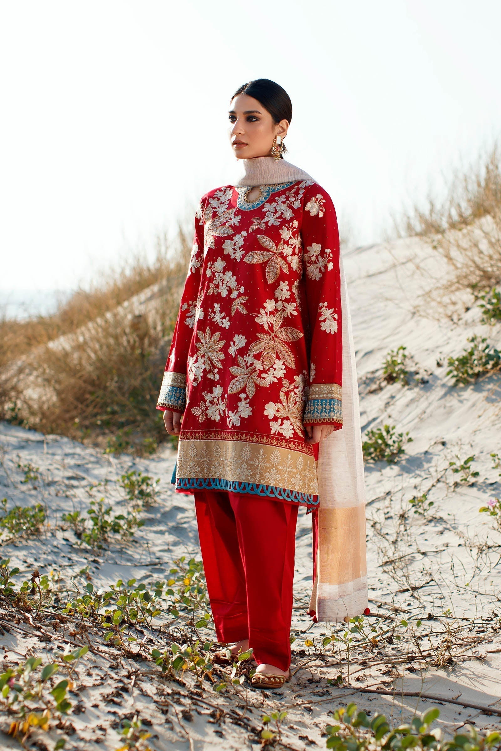 Red Color Embroidered Unstitched Suit/Dress For Women
