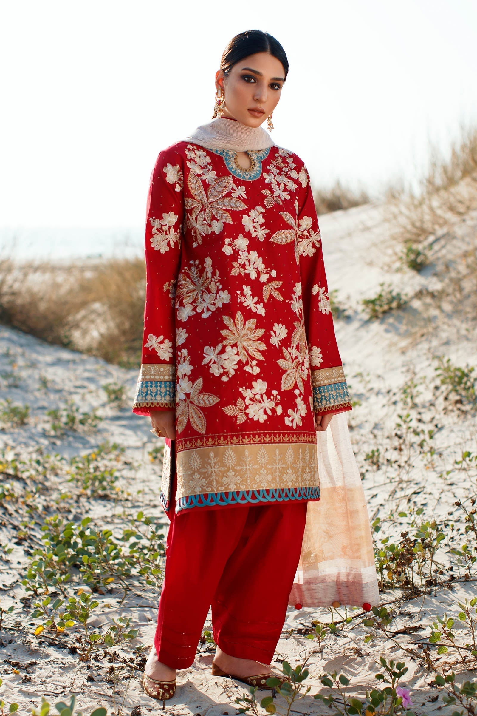 Red Color Embroidered Unstitched Suit/Dress For Women