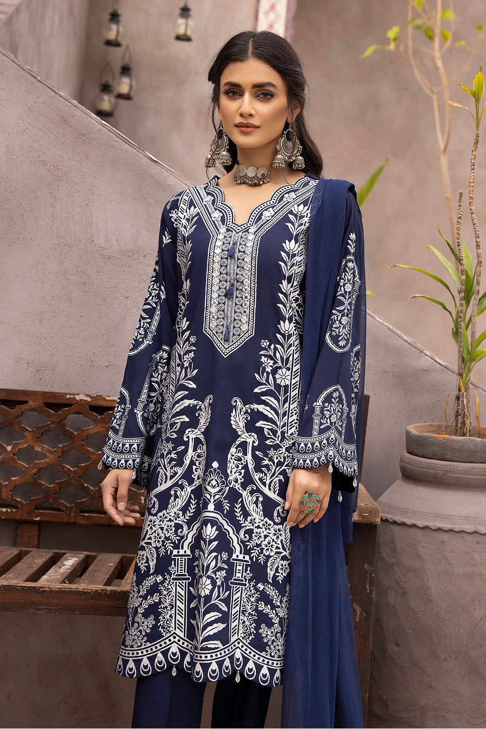 Blue Mirror Embroidered Linen Suit For Women
