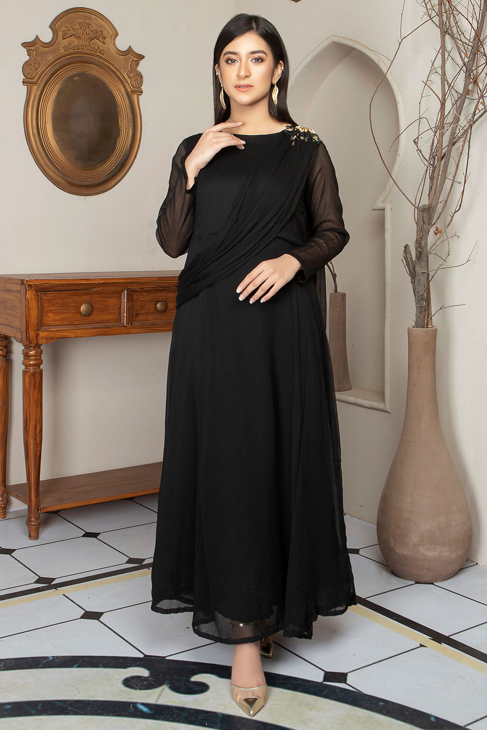 Black Chiffon Sari Style Maxi For Women