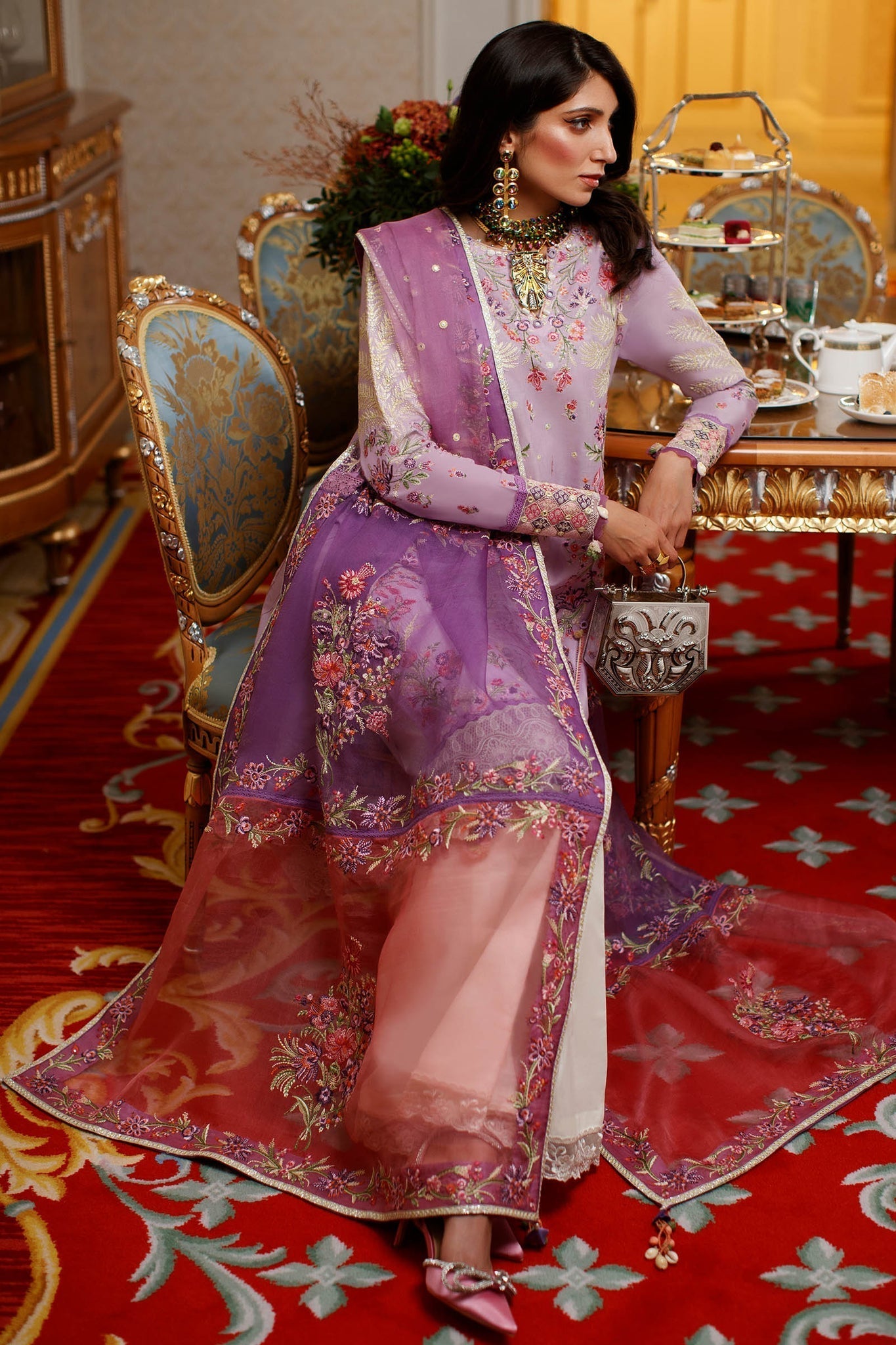 Neziha Crimson Pink Embroidered Unstitched Suit For Women