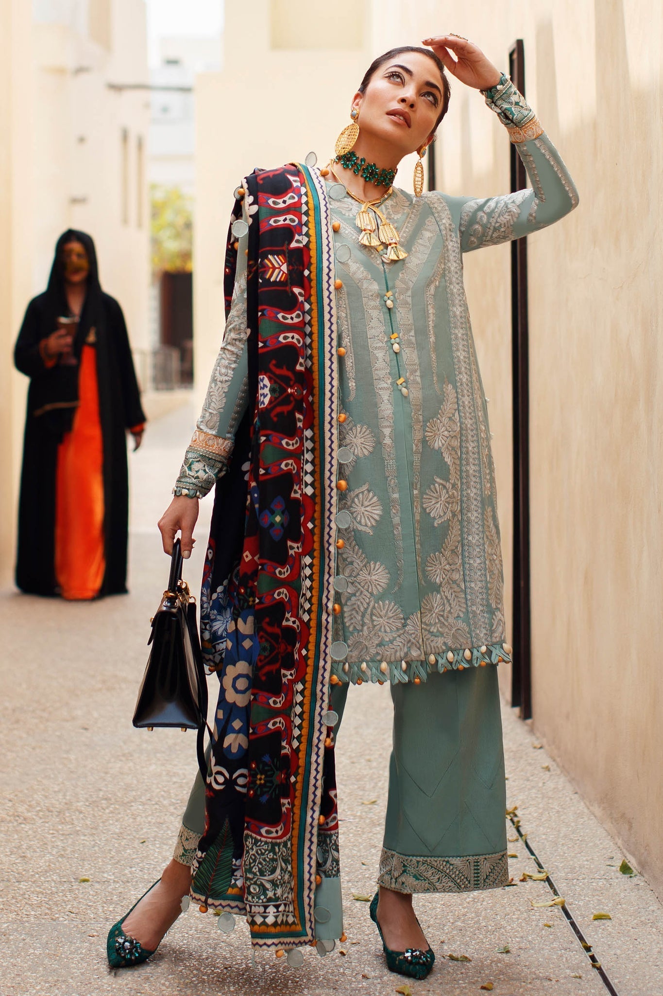 Qistina Shade Of Mint Embroidered Unstitched Suit For Women
