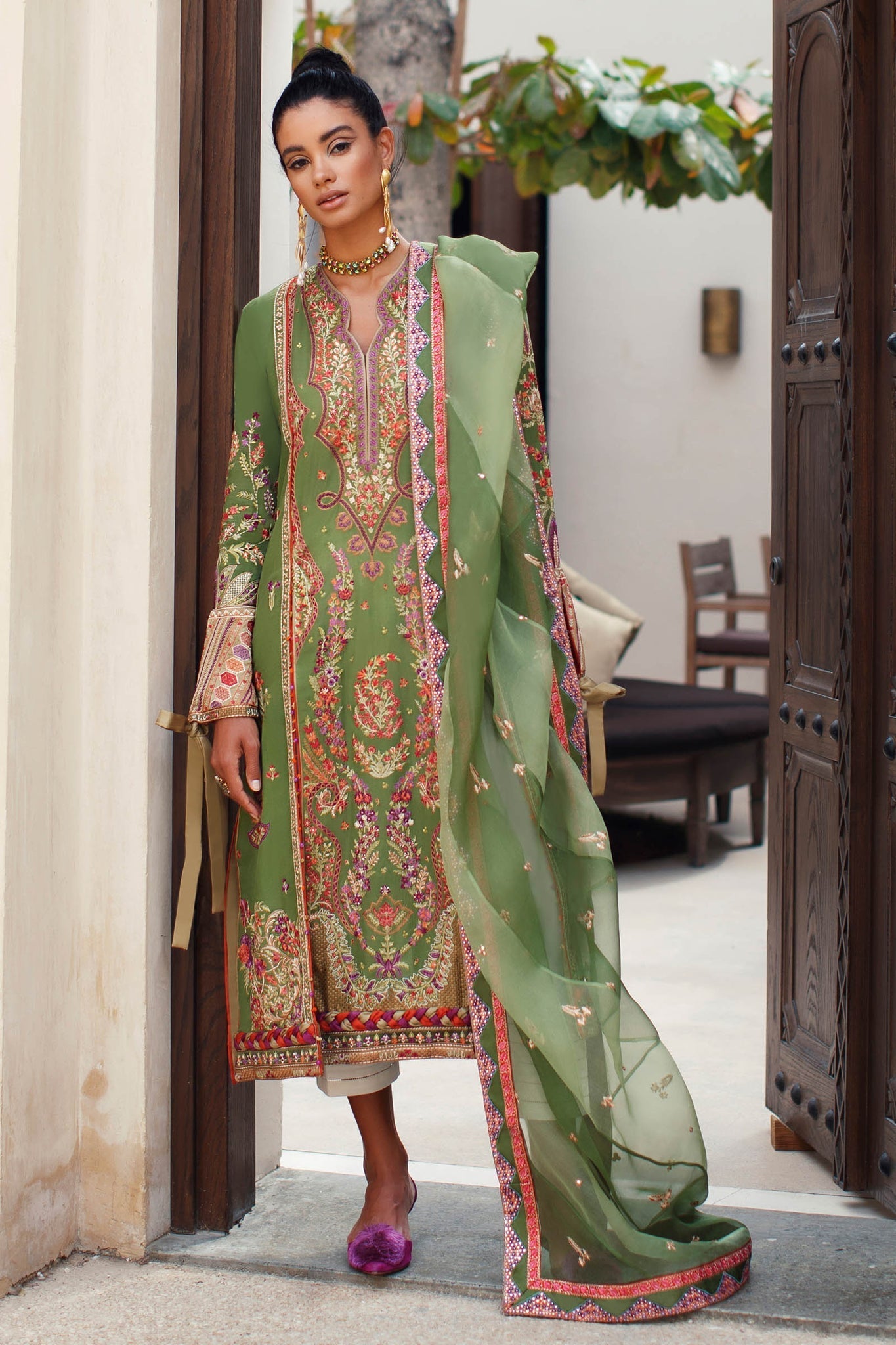Elnaz Vivid Olive Persian Embroidered Unstitched Suit For Women