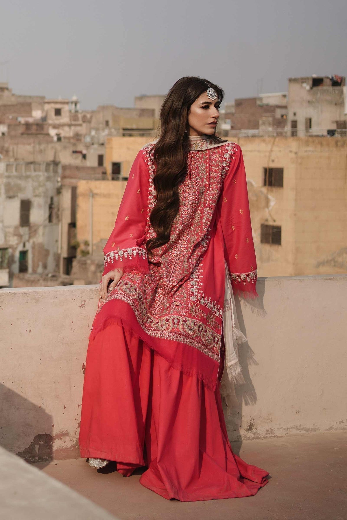 Hot Pink Lawn Yard Embroidered Unstitched Suit/Dress For Women