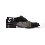 Black Glossy Leather With Wool Fabrics Hand-Crafted Collector Shoes/Loafers For Men