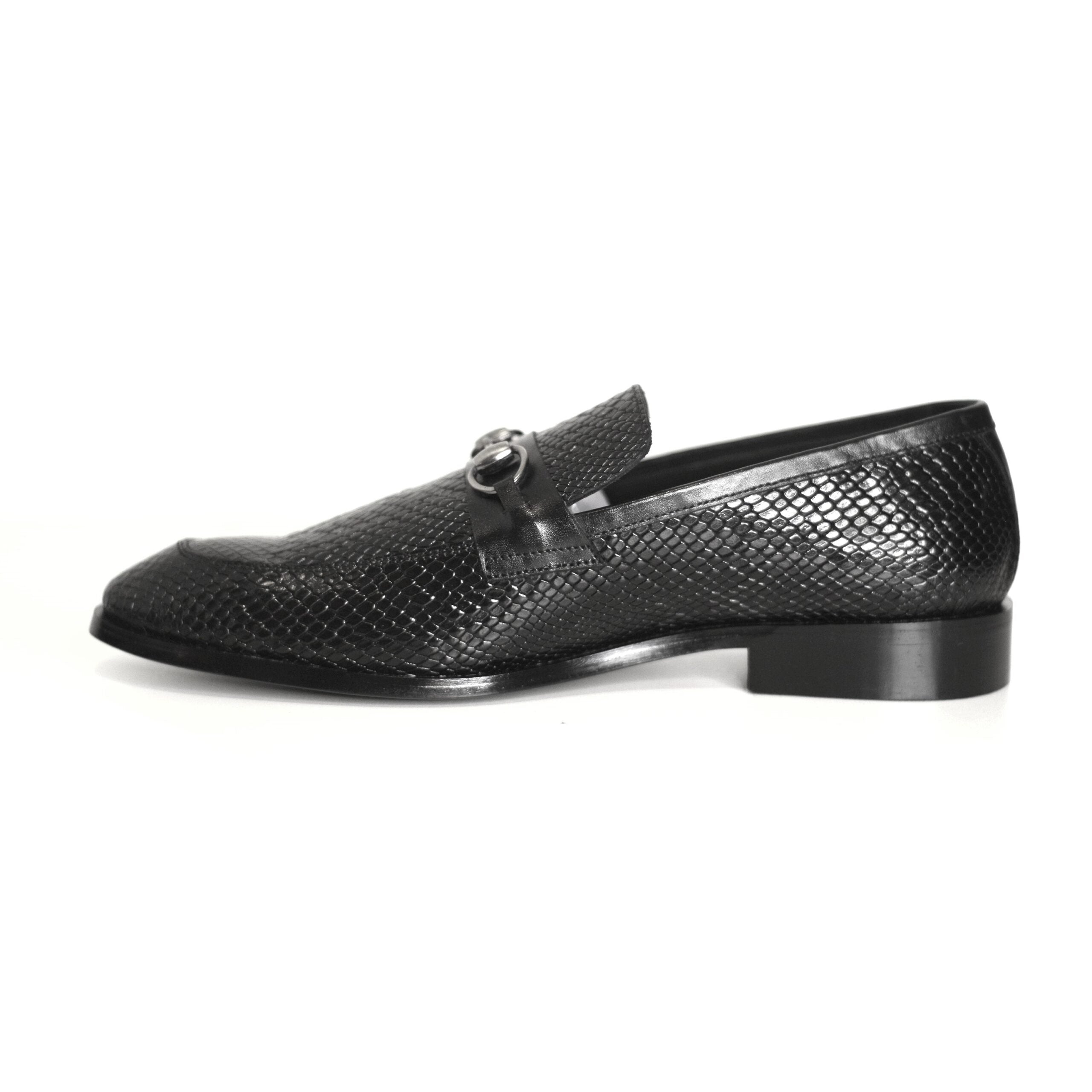 Black Glossy Color Faux Snake-Skin Design Hand-Crafted Emperor Shoes/Loafers For Men