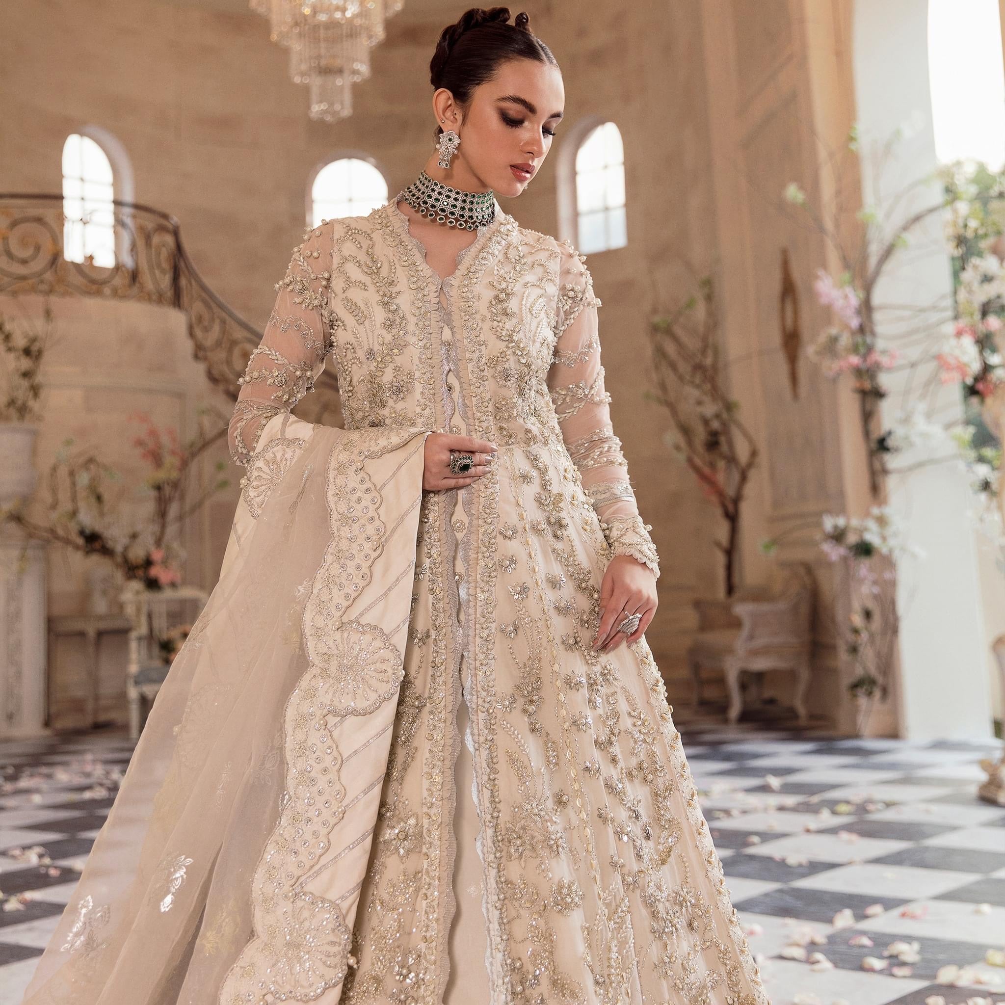 Ivory Color Embroidered Unstitched Bridal Dress/Lehenga For Wedding